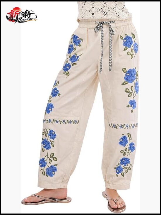 Denim - Mid Rise Barrel Jeans Embroidered Wide Leg Denim Pants Boyfriend Baggy Pockets